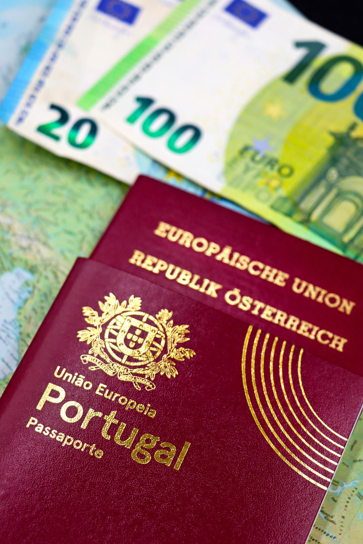 European passports with Euro banknotes on a map — documents and fees for ETIAS