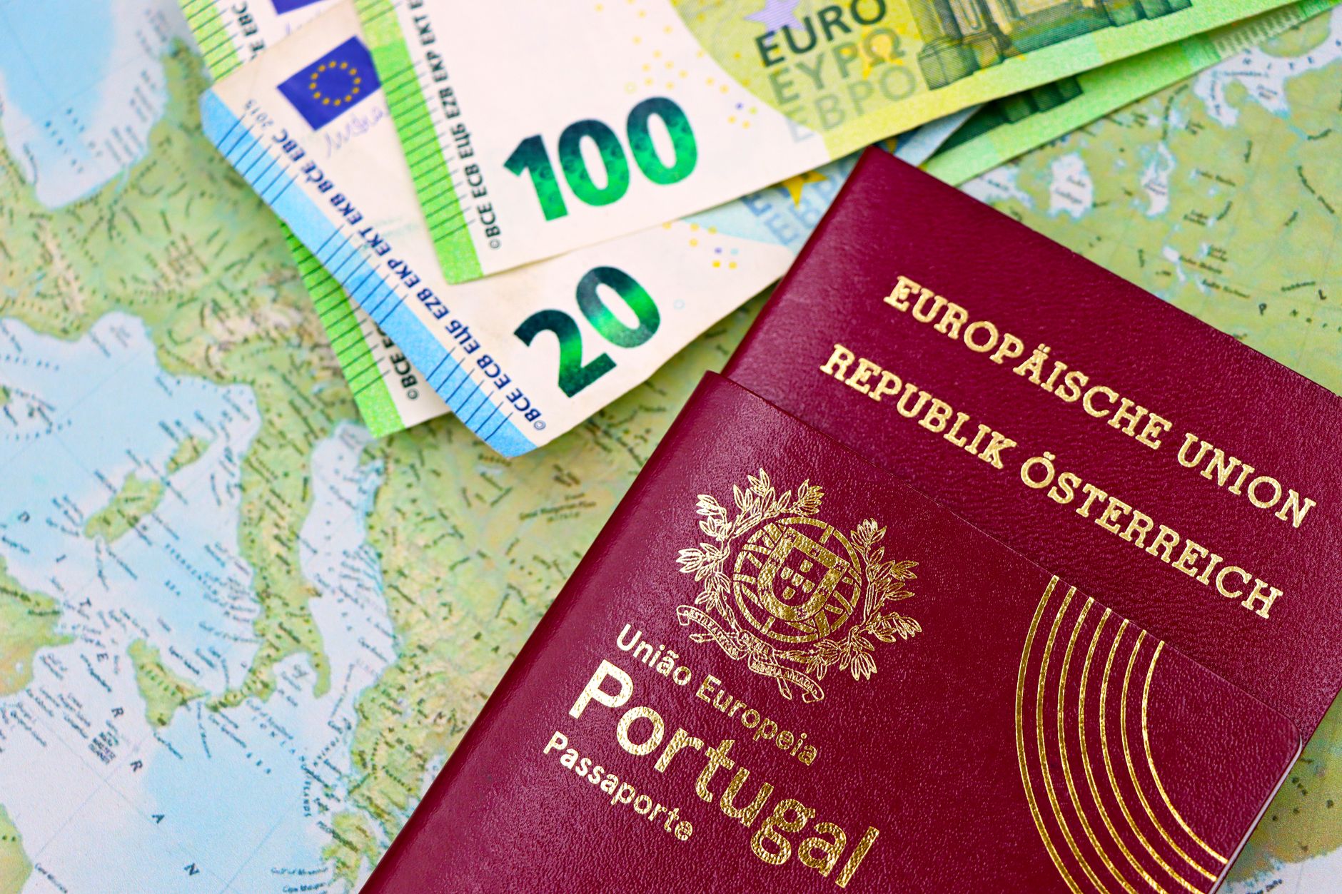 euro notes and coins representing visa fees, fee schedule document visible