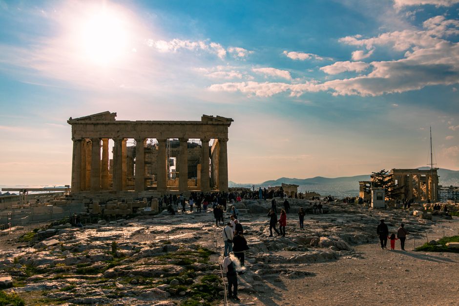 View over Athens rooftops towards the Acropolis at sunset