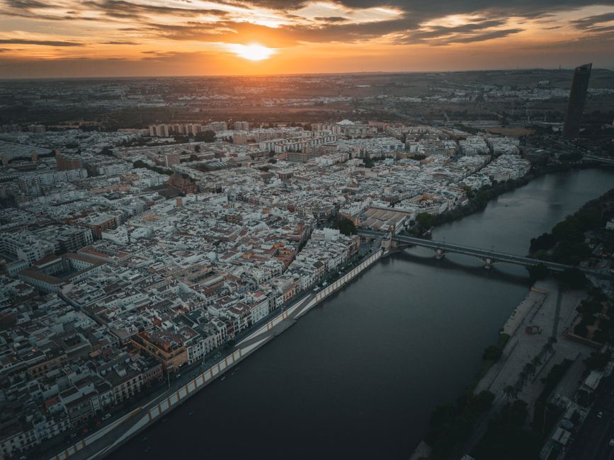 Aerial view of Seville Spain skyline and river for an ETIAS travel guide