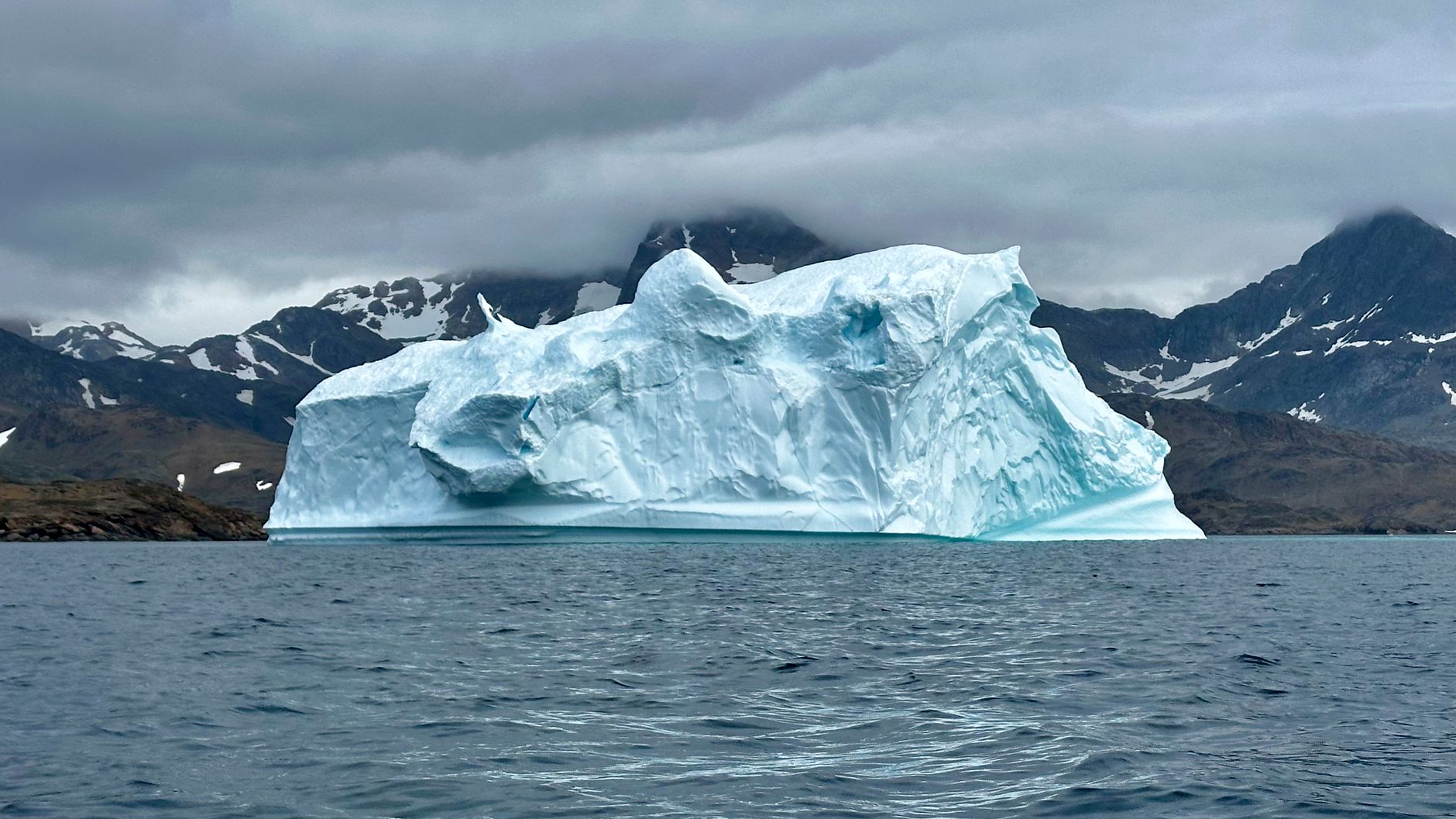 Icebergs drifting past a rocky Greenland coastline under a clear Arctic sky