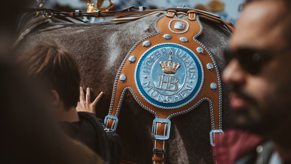Munich Oktoberfest entrance with festival crowds arriving in autumn