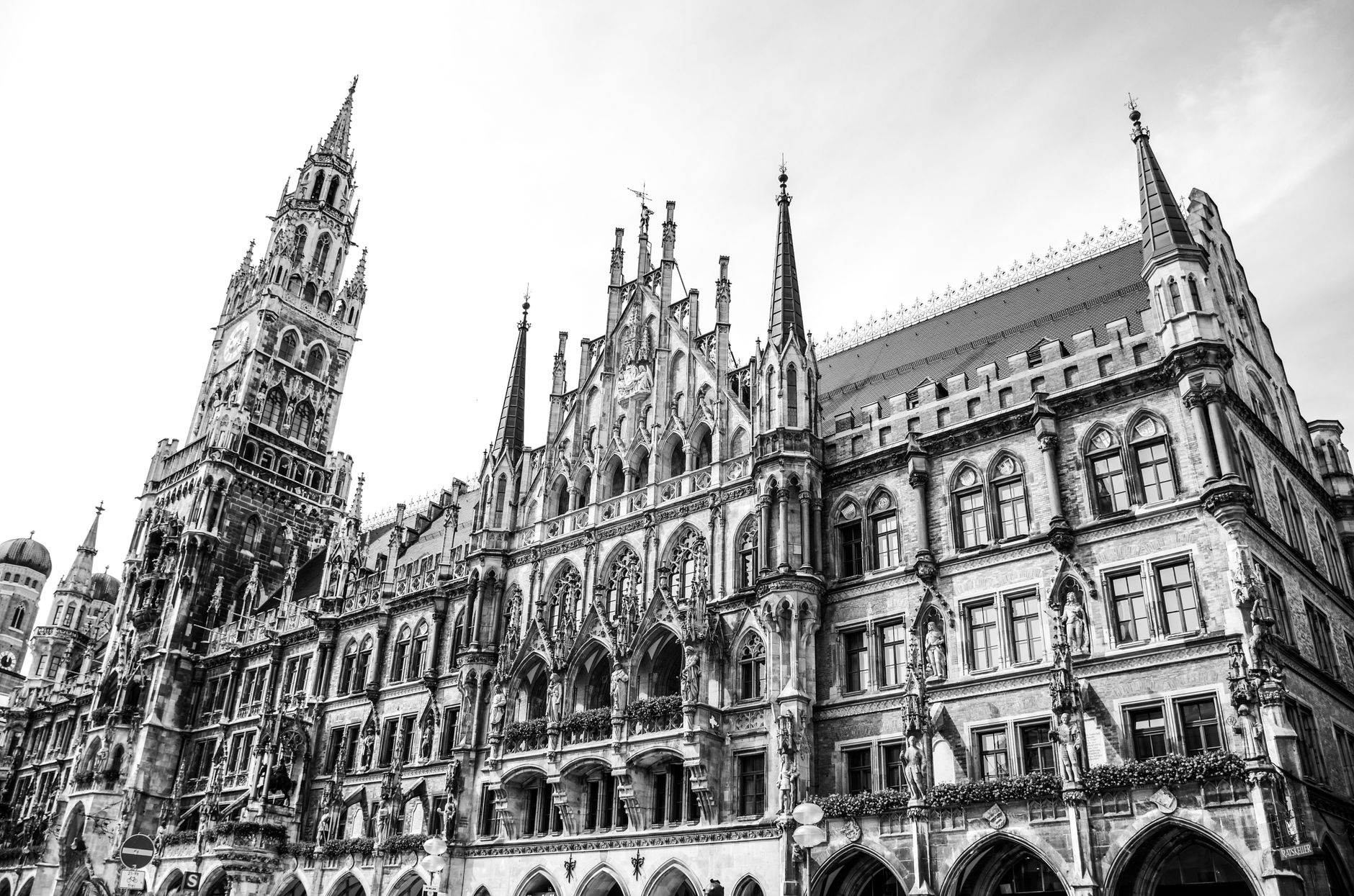 Frauenkirche towers and Munich rooftops seen from Marienplatz