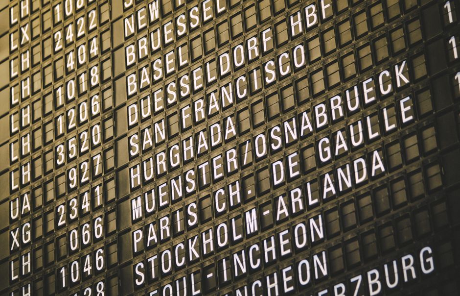 Departure boards and transfers at a major European hub airport